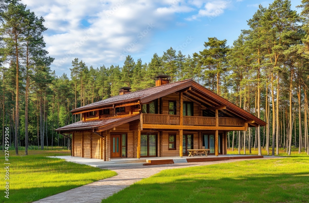 a modern log house in the forest, with green grass near a wooden cottage with a brown roof and large windows a modern log house in the forest, with green grass near a wooden cottage with a brown roof and large windows