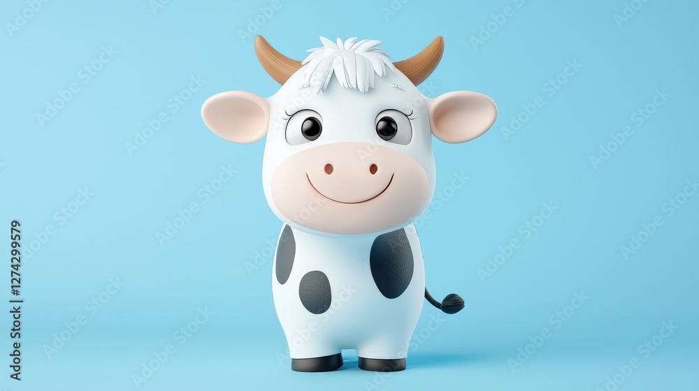 Obraz premium A chibi-style 3D cow drawing icon, tiny and adorable, with a big head, tiny legs, and a playful expression, rendered in soft pastels.