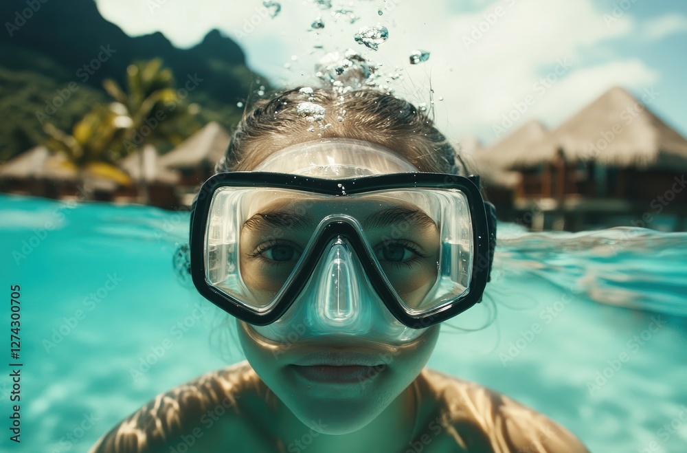 Naklejka premium a woman wearing underwater goggles swimming in the clear blue water near an island with thatched-roof bungalow houses