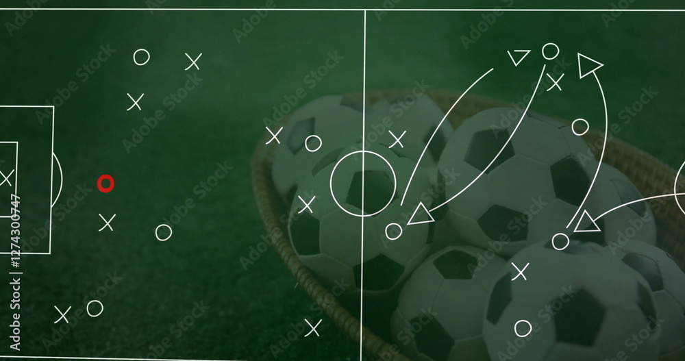 Naklejka premium Soccer strategy image over basket of soccer balls on green field