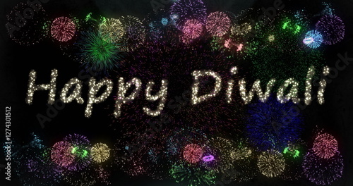 Happy Diwali text image over colorful fireworks in night sky photo