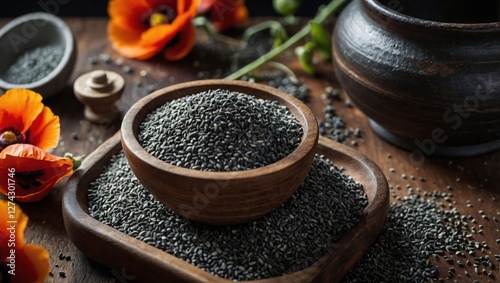 Dark seeds in a mortar on the table