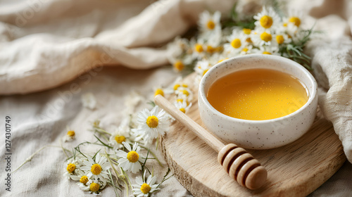 Close-up of golden honey in a bowl surrounded by chamomile flowers and a honey dipper on a wooden board.