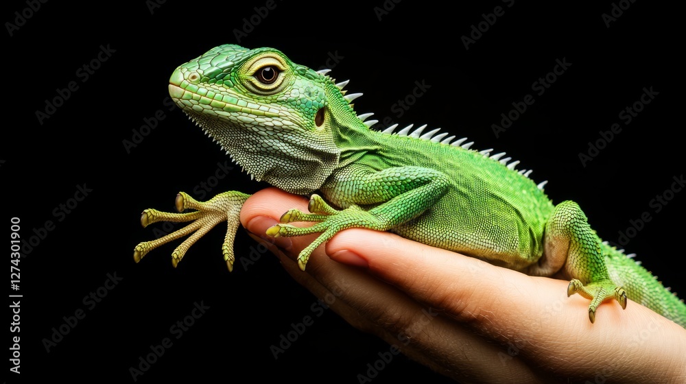 Obraz premium Green lizard on the finger, high-resolution stock photography, high-definition realistic photography, highly detailed 