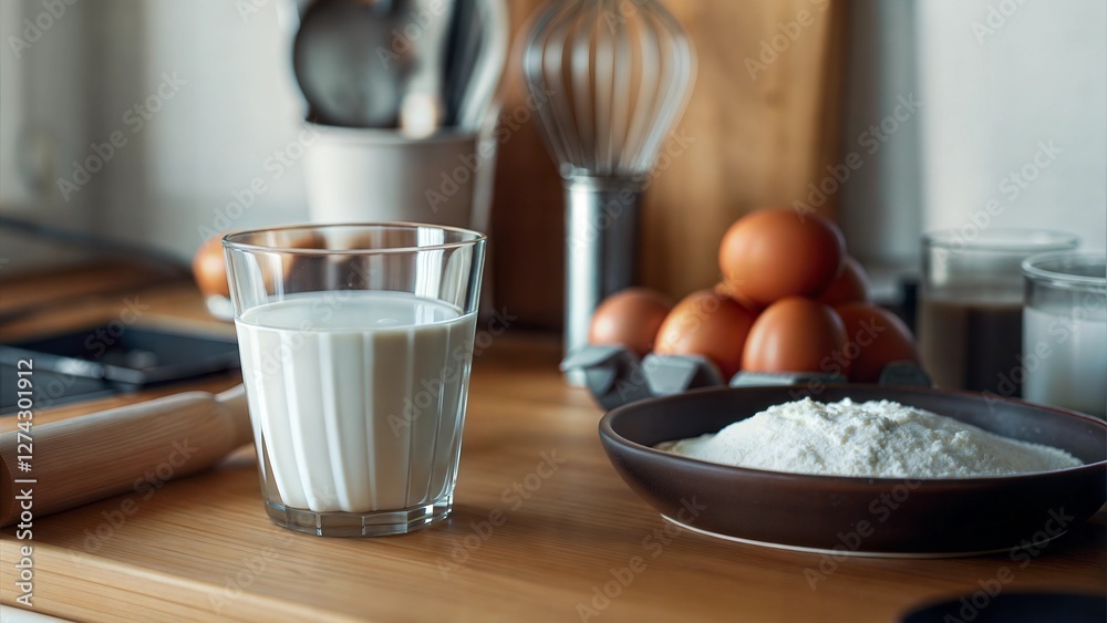Ingredients for baking with eggs, milk, and flour on a wooden table by the window Ingredients for baking with eggs, milk, and flour on a wooden table by the window
