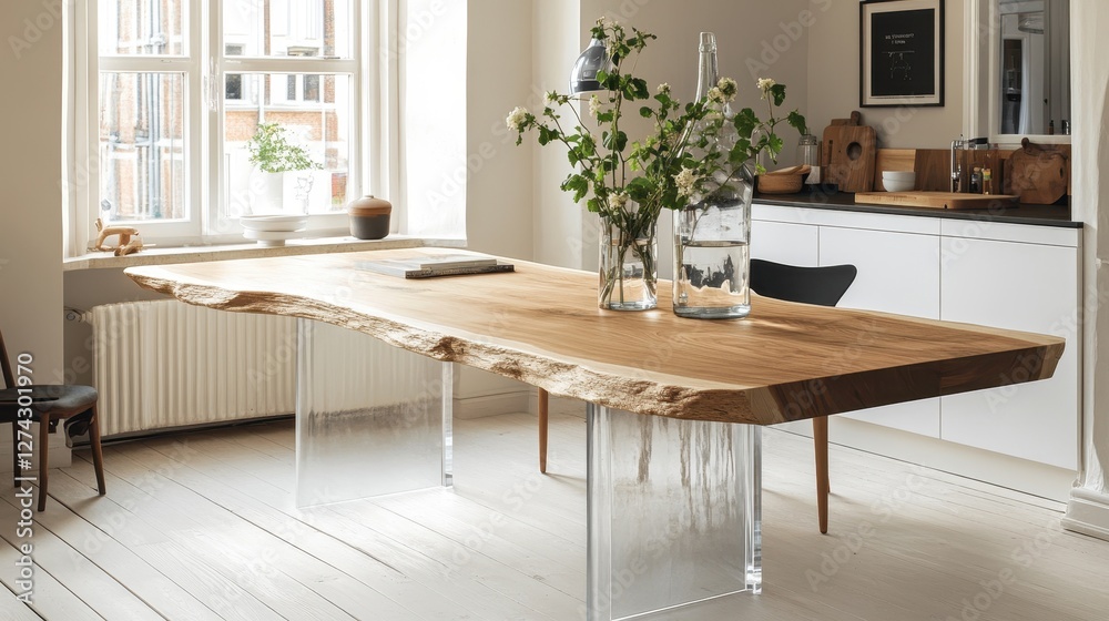 Fototapeta premium Modern Minimalist Dining Area with Natural Wood Table