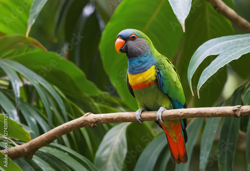 Colorful parrot with green leaves