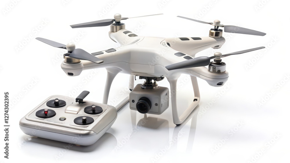White Drone with Remote Control on White Background White Drone with Remote Control on White Background
