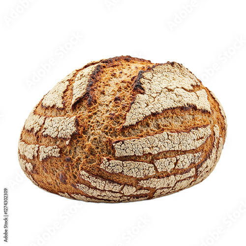 Artisanal spelt bread with hearty crust and visible cracks on white background