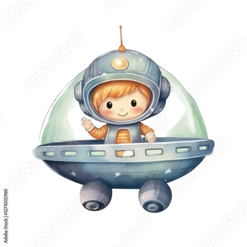 watercolors Cute astronaut riding ufo spaceship illustration 