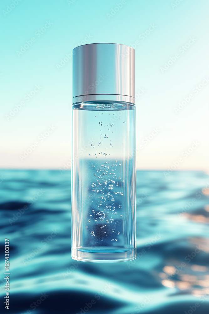 Elegant Glass Bottle with Bubbles Floating Over Serene Ocean Background for Skincare and Fragrance Concepts Elegant Glass Bottle with Bubbles Floating Over Serene Ocean Background for Skincare and Fragrance Concepts