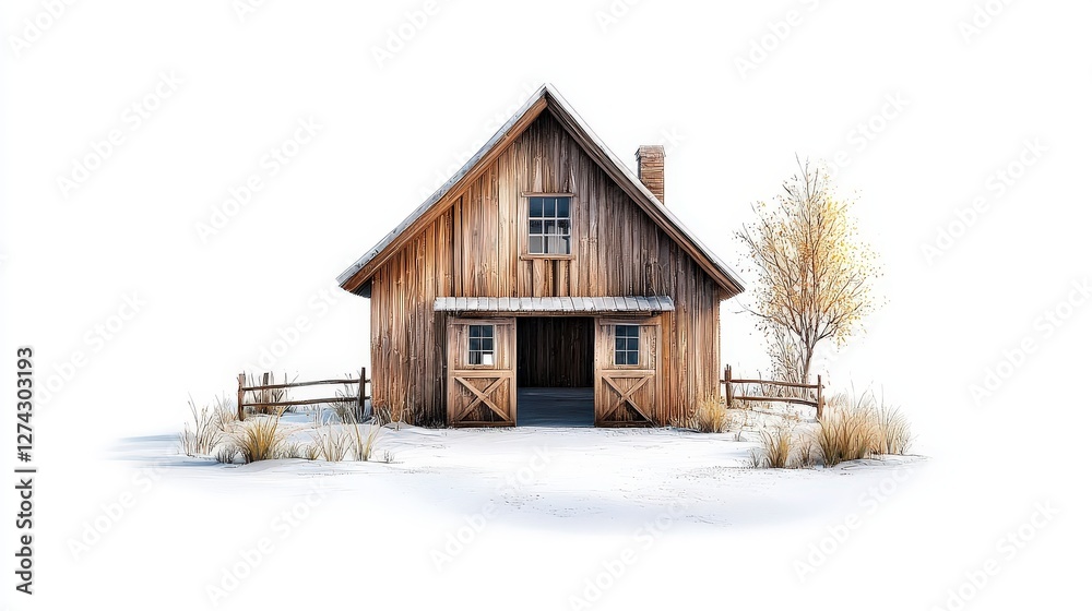 A simple yet detailed 3D barn drawing icon, featuring classic wooden textures and soft gradient lighting. A simple yet detailed 3D barn drawing icon, featuring classic wooden textures and soft gradient lighting.
