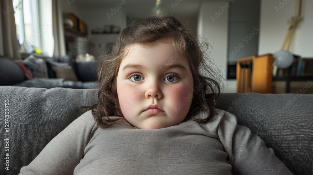 Young girl with a serious expression sitting on a couch in a cozy living room Young girl with a serious expression sitting on a couch in a cozy living room