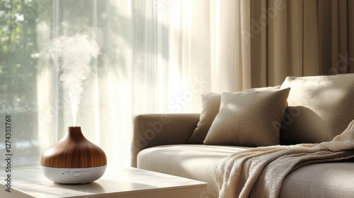 Aromatherapy diffuser releasing steam in a cozy living room with soft lighting and neutral decor