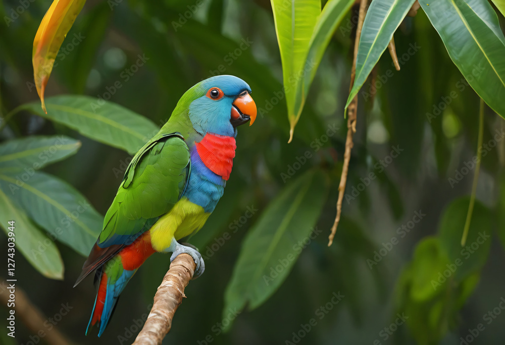 Naklejka premium Colorful parrot with green leaves