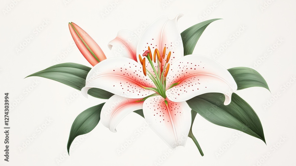 Naklejka premium A stunning botanical illustration of a lily, rich in fine details and ink-style precision, resembling a vintage scientific drawing.