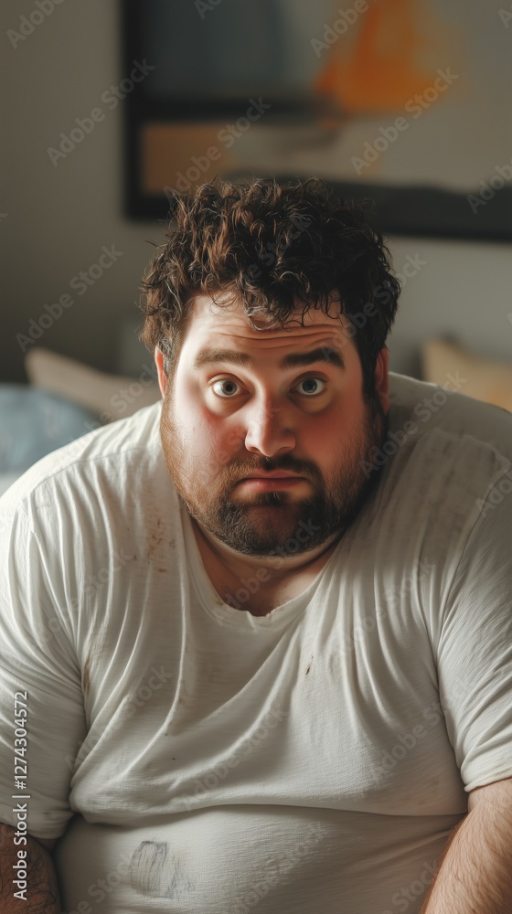 Fototapeta premium Man in casual clothing with a surprised expression sitting in a cozy indoor setting