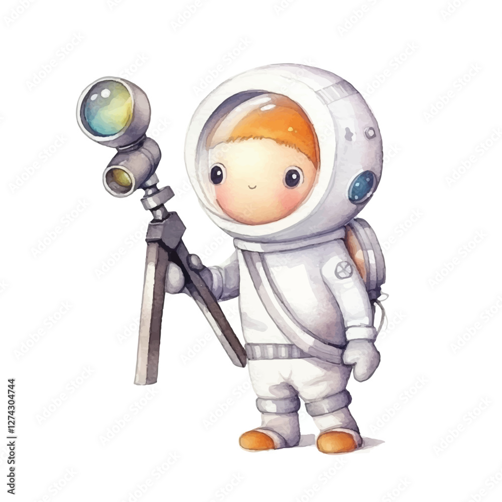 watercolors Cute astronaut with telescope illustration watercolors Cute astronaut with telescope illustration