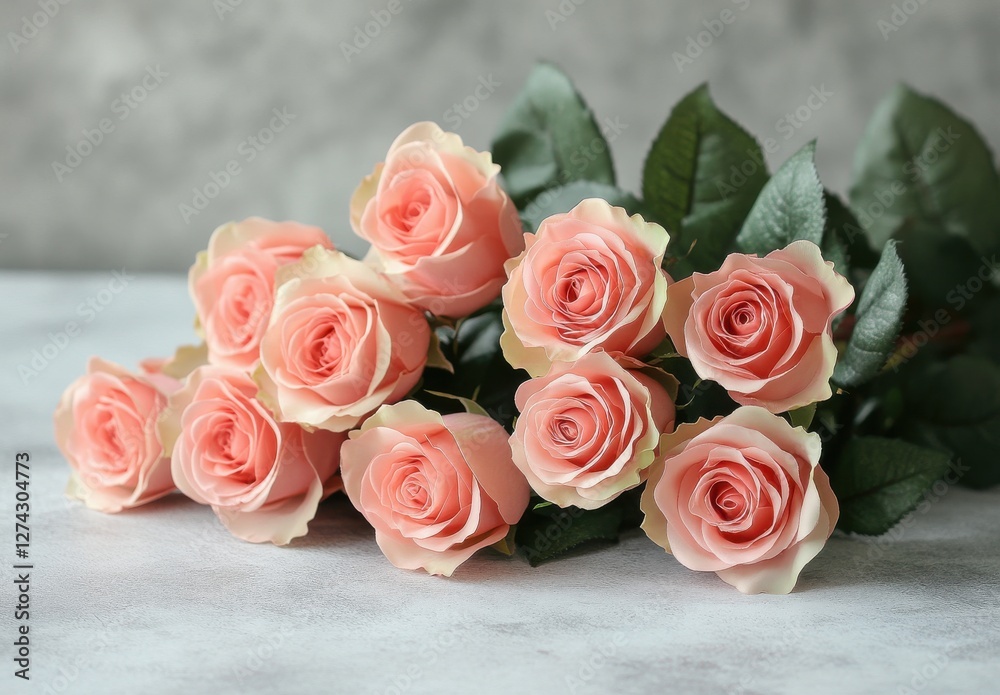 Fototapeta premium Beautiful Fresh Pink Roses Displayed Elegantly on a Soft Gray Background Perfect for Celebrations, Weddings, or Romantic Occasions with Lovely Green Leaves