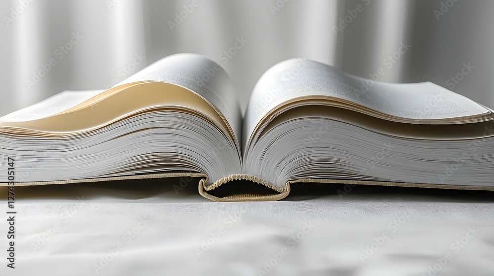 Top down view of an open book with blank pages soft shadows modern minimal aesthetic subtle texture perfect for overlay or copy space use in design education or product photography Top down view of an open book with blank pages soft shadows modern minimal aesthetic subtle texture perfect for overlay or copy space use in design education or product photography