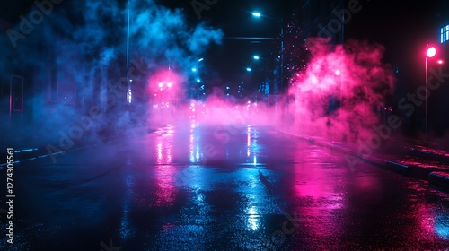 City street at night with colorful lights and fog effects