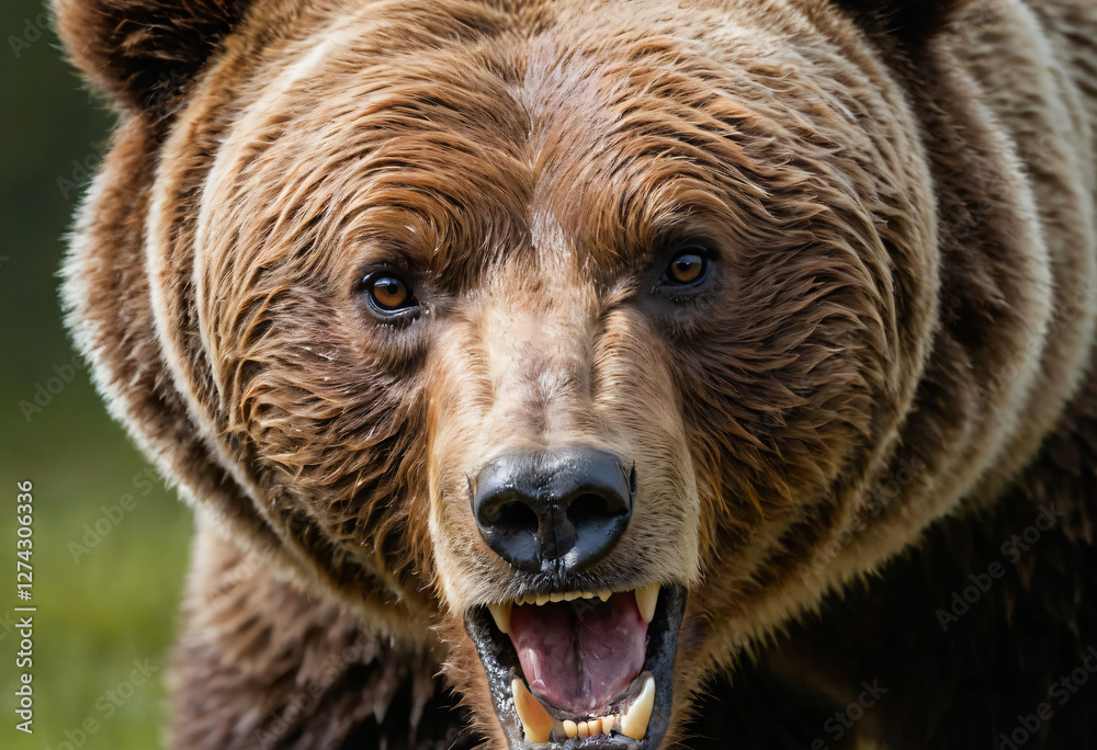 Brown grizzly bear close up with roar Brown grizzly bear close up with roar