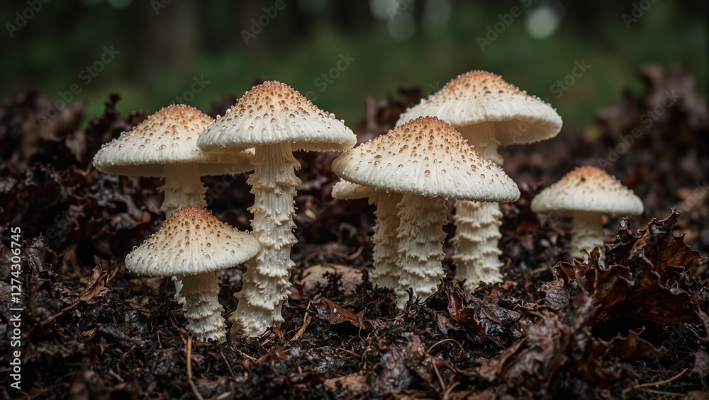 Fototapeta premium Freshly harvested dewy mushrooms on forest floor