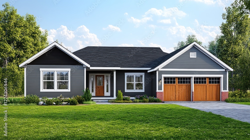 Fototapeta premium Modern Ranch Style Home with Two Car Garage