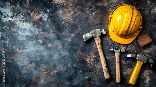 Building a Foundation: a top-down, photorealistic arrangement of essential tools of the trade: a vibrant yellow hard hat and an assortment of hammers, resting on a weathered surface. photo