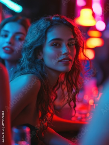 Woman in low-cut dress, neon lights and cocktails, sitting at bar.