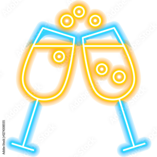 Cheers Glasses Neon Icon. Illustration of Happy Birthday Celebration. Holiday B-day. Drink Bar Party.