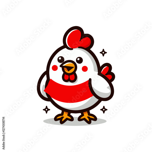 Chicken wearing a red shirt.