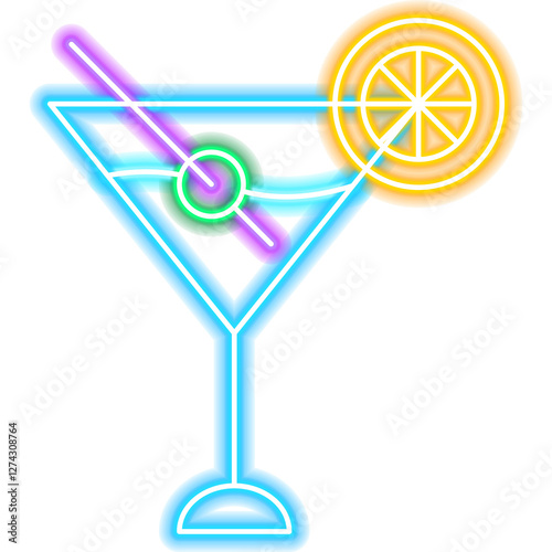 Drink Cocktail with Olive Neon Icon. Illustration of Happy Birthday Celebration. Holiday B-day. Bar Alcohol Glass.