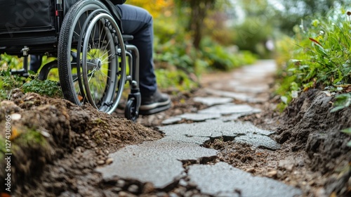 Wallpaper Mural A person in a wheelchair navigating a cracked path in a lush garden during a sunny day Torontodigital.ca