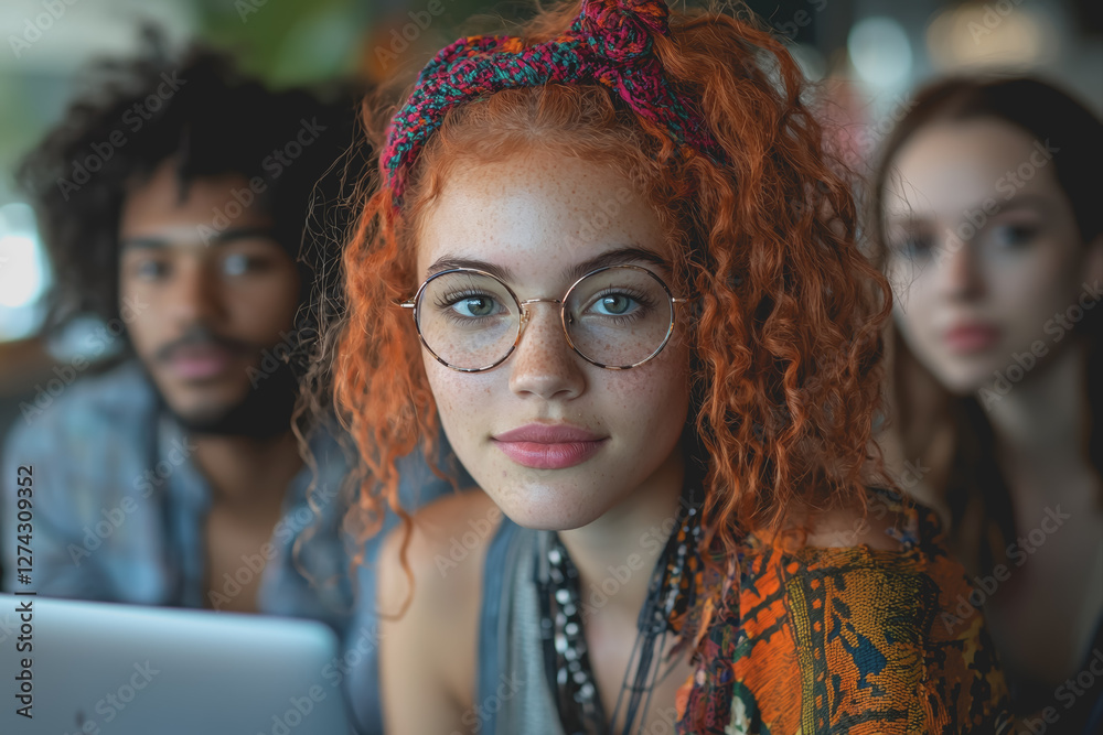 Obraz premium Girl with red hair and glasses using a laptop in a cozy indoor environment