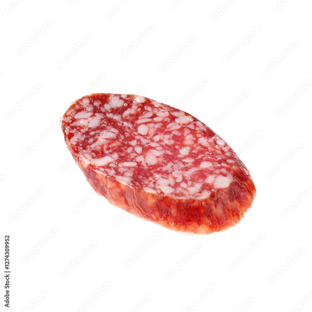 Piece of delicious smoked sausage isolated on white Piece of delicious smoked sausage isolated on white