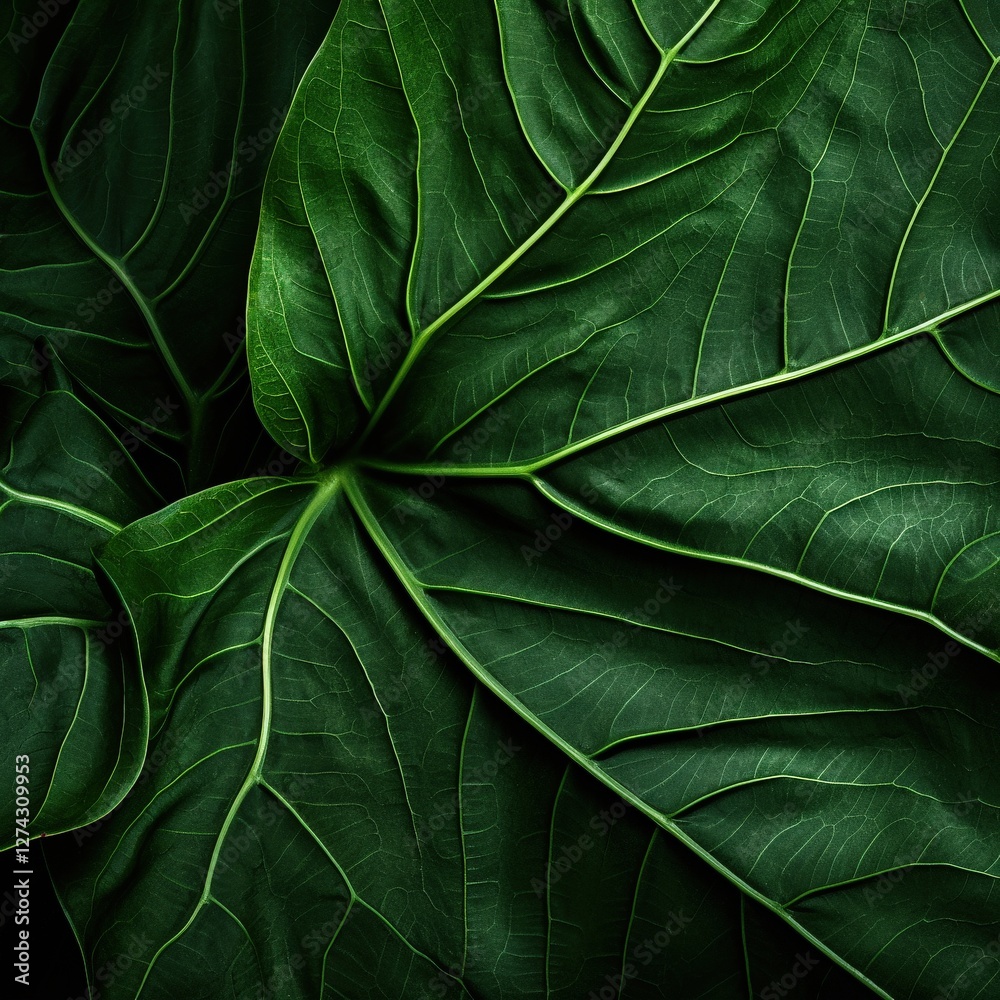 Fototapeta premium Close up view of dark green leaf showing prominent veins as background for organic theme