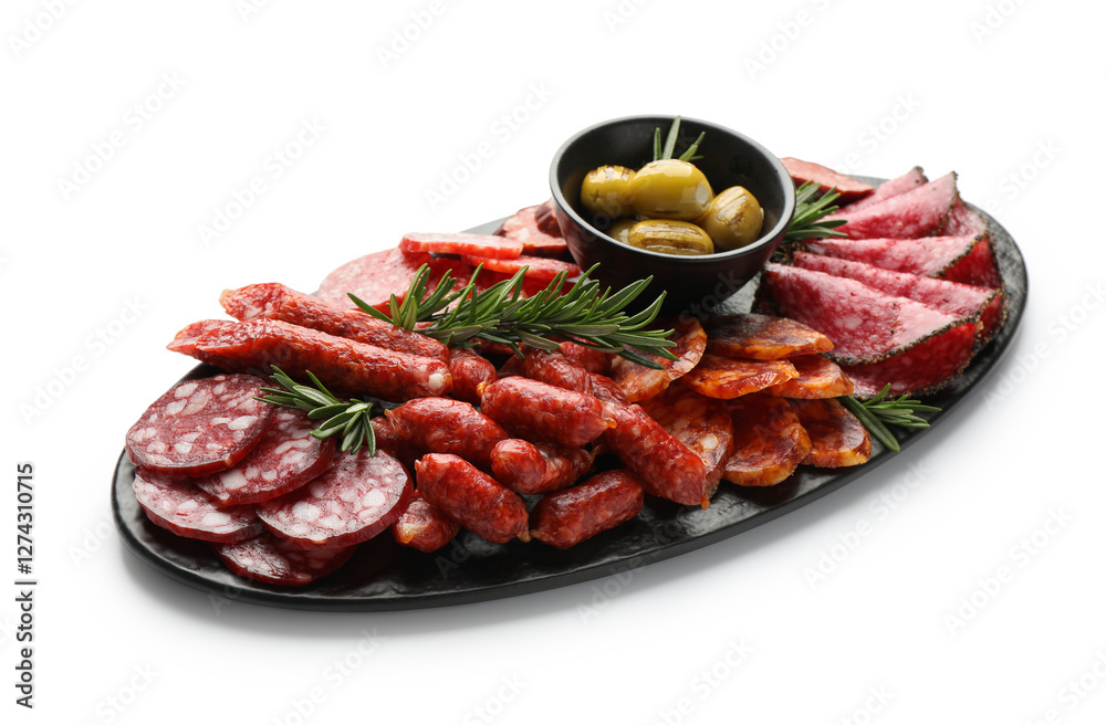 Different smoked sausages and other snacks isolated on white Different smoked sausages and other snacks isolated on white