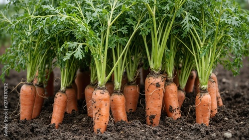 Freshly dug carrots with vibrant orange taproots peeking out from dark soil foliage swaying