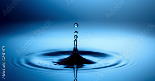 A mesmerizing water drop impacting a tranquil blue surface.
