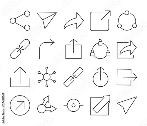 Share icons set in simple thin line.  Collection of share icons for mobile web or apps. Editable stroke.