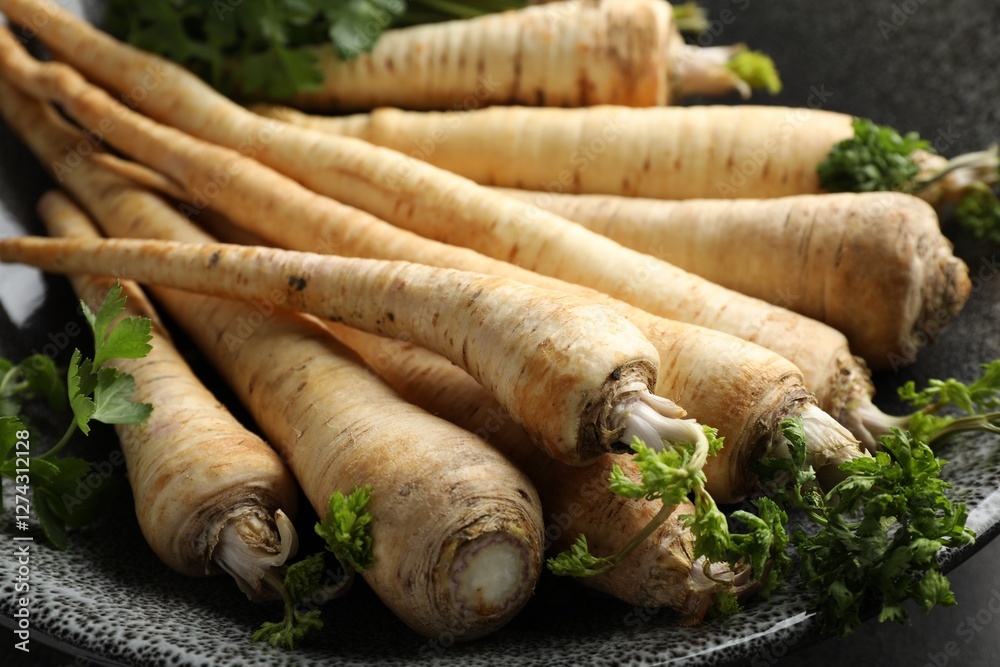 Parsley roots with leaves on table, closeup Parsley roots with leaves on table, closeup