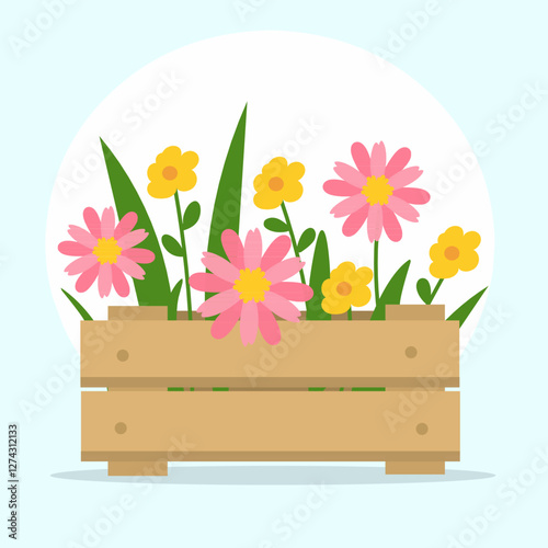 illustration of a wooden planter box filled with blooming flowers. The flowers are pink and yellow, surrounded by green leaves, creating a bright and cheerful garden scene