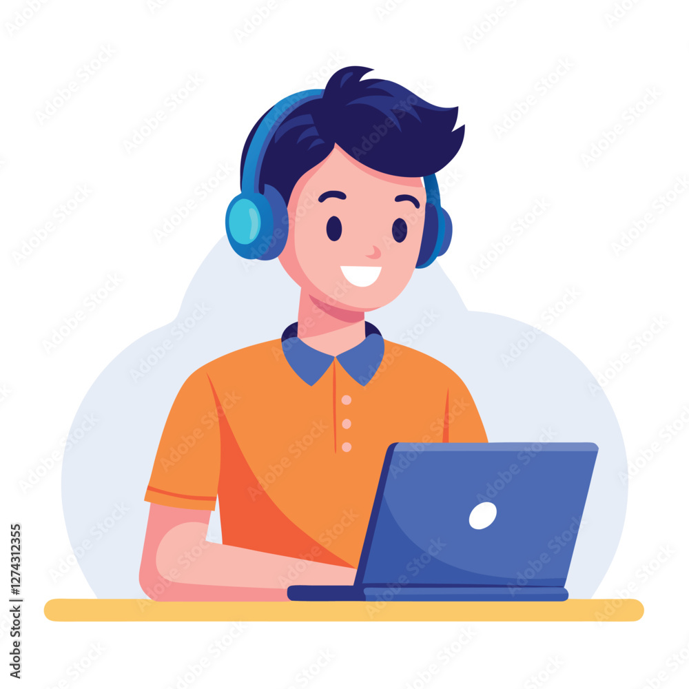 man in headphones, studying at laptop. Happy female student watching business webinar. Video conference call, remote work communication. Flat vector illustration isolated on white background man in headphones, studying at laptop. Happy female student watching business webinar. Video conference call, remote work communication. Flat vector illustration isolated on white background