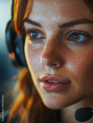 Professional female gamer wearing headphones, microphone and focused expression.