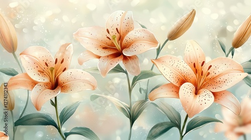 Beautiful peach lilies blooming in a soft-focus garden setting with a dreamy background ambiance