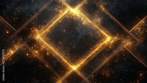 Abstract golden geometric pattern with glowing lines and sparkling stars against a dark cosmic background for designs and modern digital art projects