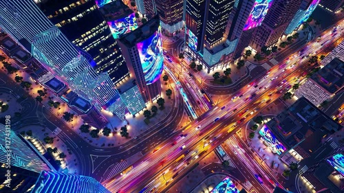 A dazzling aerial view of a futuristic city at night with vibrant neon lights, skyscrapers, and busy streets. Concept of modern urban life and technology