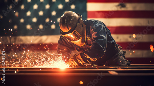 Welder at Work: A skilled welder in a protective helmet works industriously, sparks flying, against the backdrop of a national flag, symbolizing craftsmanship and dedication.