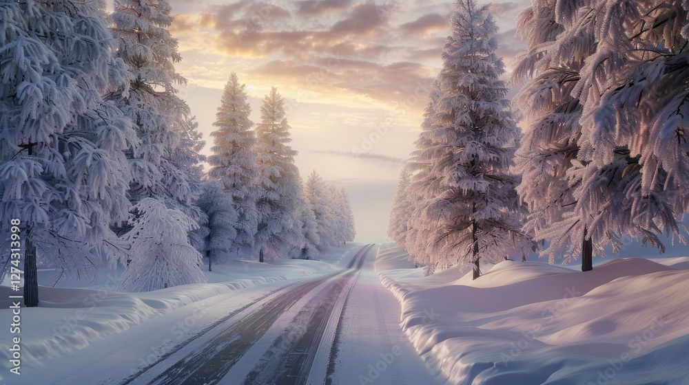 Snowy trees lining a road under a winter morning sky Snowy trees lining a road under a winter morning sky